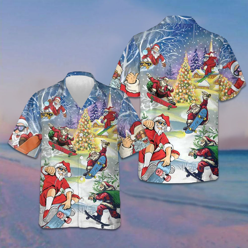 Christmas Come On Skateboard With Santa Hawaiian Shirt Funny Xmas Santa Claus Shirt Gift