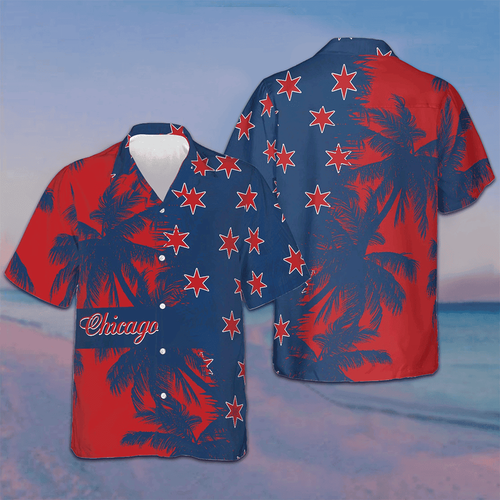 Red And Blue Chicago Hawaiian Shirt Summer Short Sleeve Button Up Shirts Gifts For Him