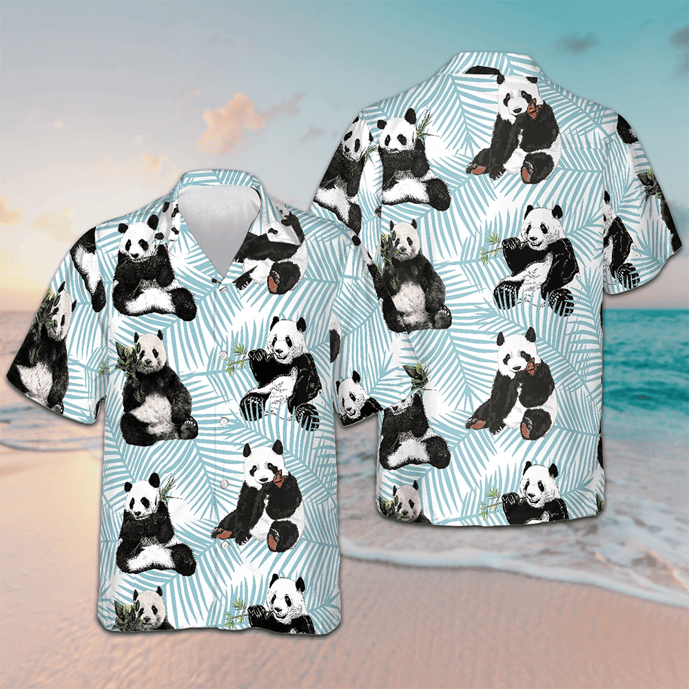 Panda On Palm Leaves Hawaiian Shirt Panda Lovers Mens Beach Shirts Button Up Gift Ideas