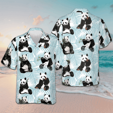 Panda On Palm Leaves Hawaiian Shirt Panda Lovers Mens Beach Shirts Button Up Gift Ideas