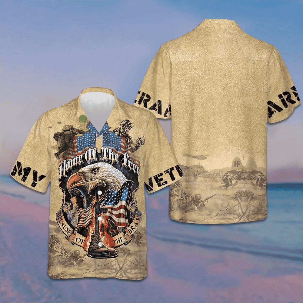 Eagle Army Veteran Home Of The Free Hawaiian Shirt Proud Veteran Vintage Button Up Shirt Men