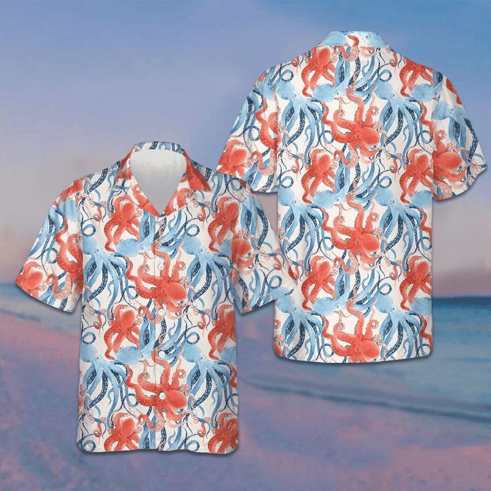 Blue And Red Octopus Seamless Pattern Hawaiian Shirt Funny Octopus Summer Button Up Shirts Mens