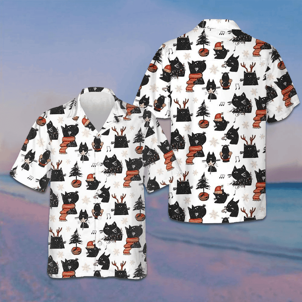Cartoon Black Cat Merry Christmas Hawaiian Shirt Funny Xmas Cat Shirt Gifts For Cousin