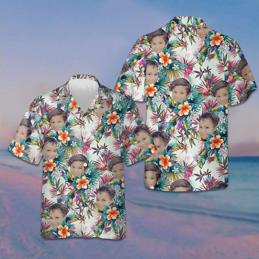 Custom Face With Tropical Flowers Hawaiian Shirt Summer Button Down Shirts Gifts For Family
