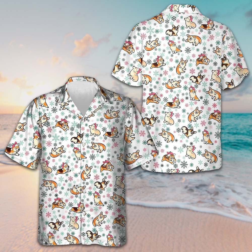 Warm Corgi For A Merry Christmas Hawaiian Shirt Snowflakes Pattern Xmas Shirt Dog Lovers Gifts