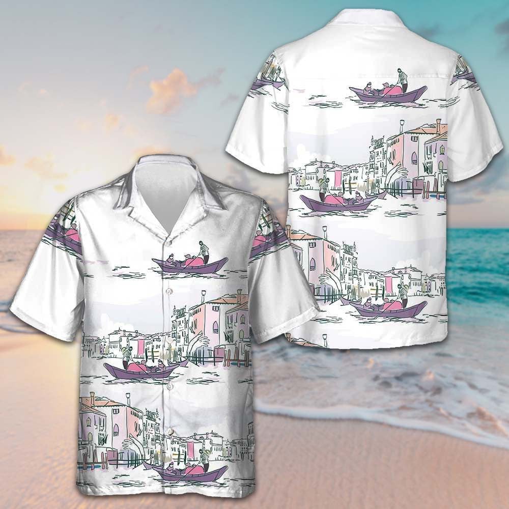 Venice Boat Hawaiian Shirt Sailboat Pattern Beach Button Up Shirts Mens Gifts For Son