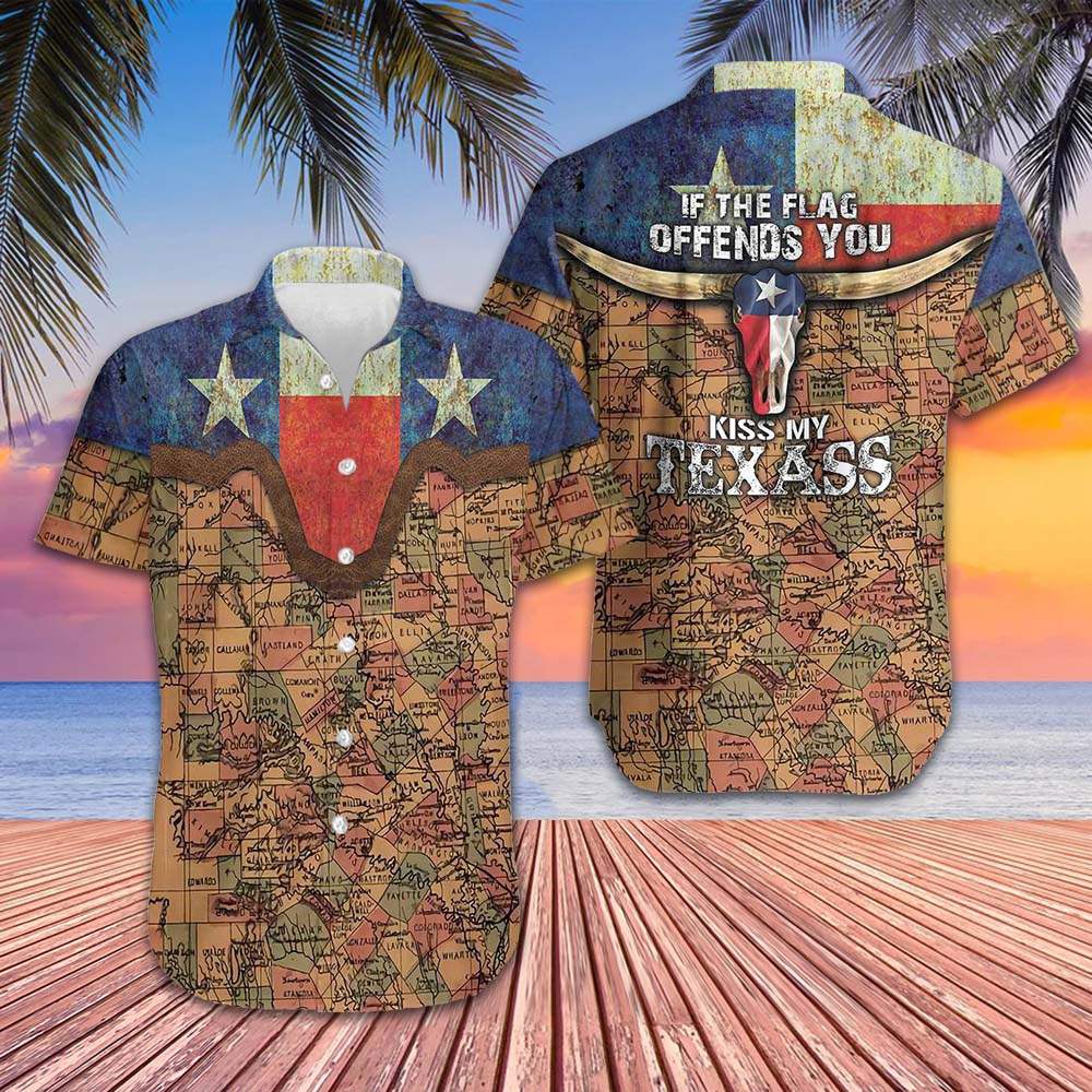 If The Flag Offends You Kiss My Texass Hawaiian Shirt Vintage Texas Flag And Map Pattern Shirt