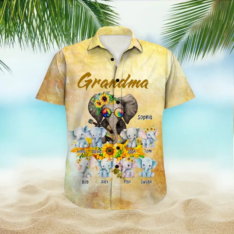 Personalized Grandma Elephant with Kid Names Hawaiian Shirt Mother Daughter Gifts