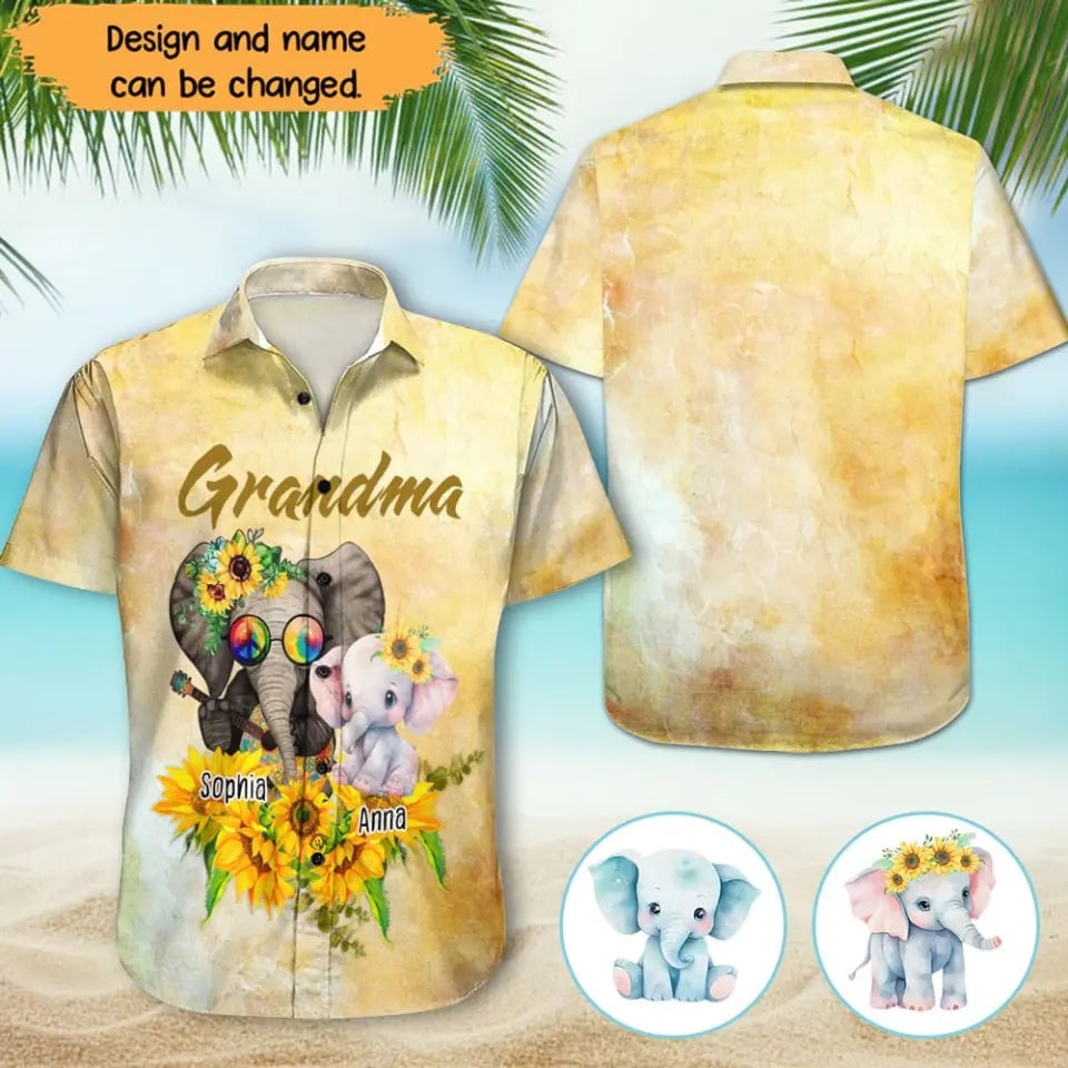Personalized Grandma Elephant with Kid Names Hawaiian Shirt Mother Daughter Gifts