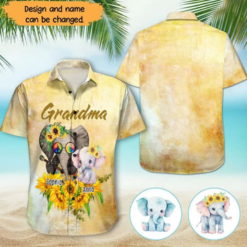 Personalized Grandma Elephant with Kid Names Hawaiian Shirt Mother Daughter Gifts