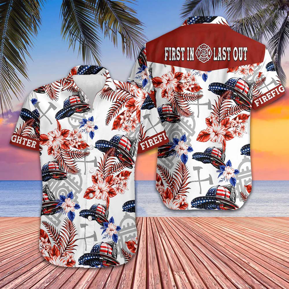 American Flag Firefighter Helmet Pattern Hawaiian Shirt First In Last Out Firefighter Shirt Men