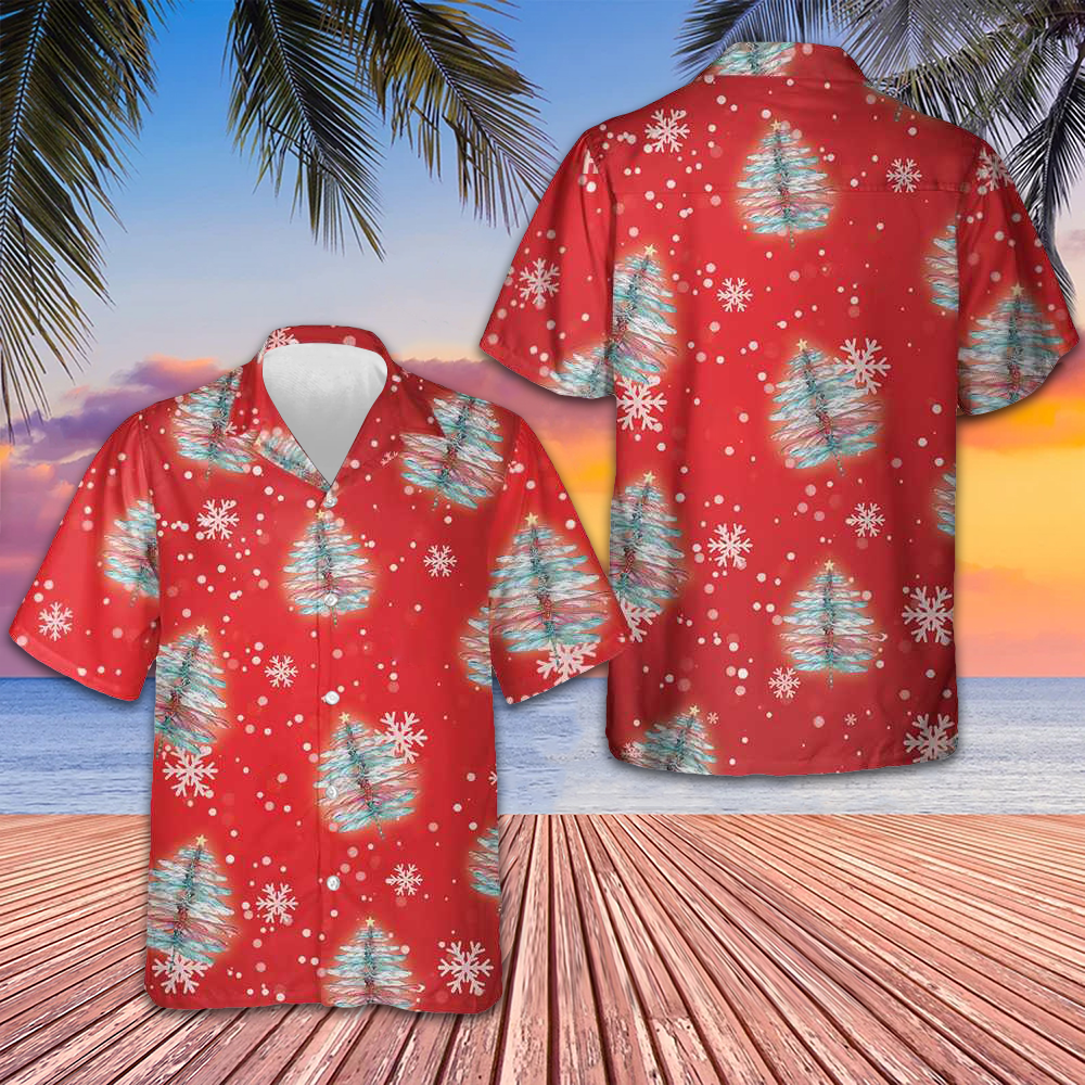 Dragoy Shaped Christmas Tree Hawaiian Shirt Merry Xmas Red Button Up Shirt Mens