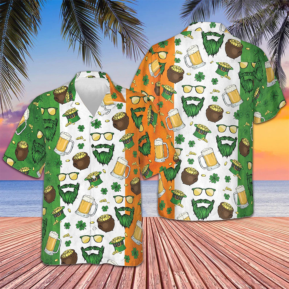 Beard Saint Patrick's Day Seamless Pattern Hawaiian Shirt For Irish Button Up Shirt Men's
