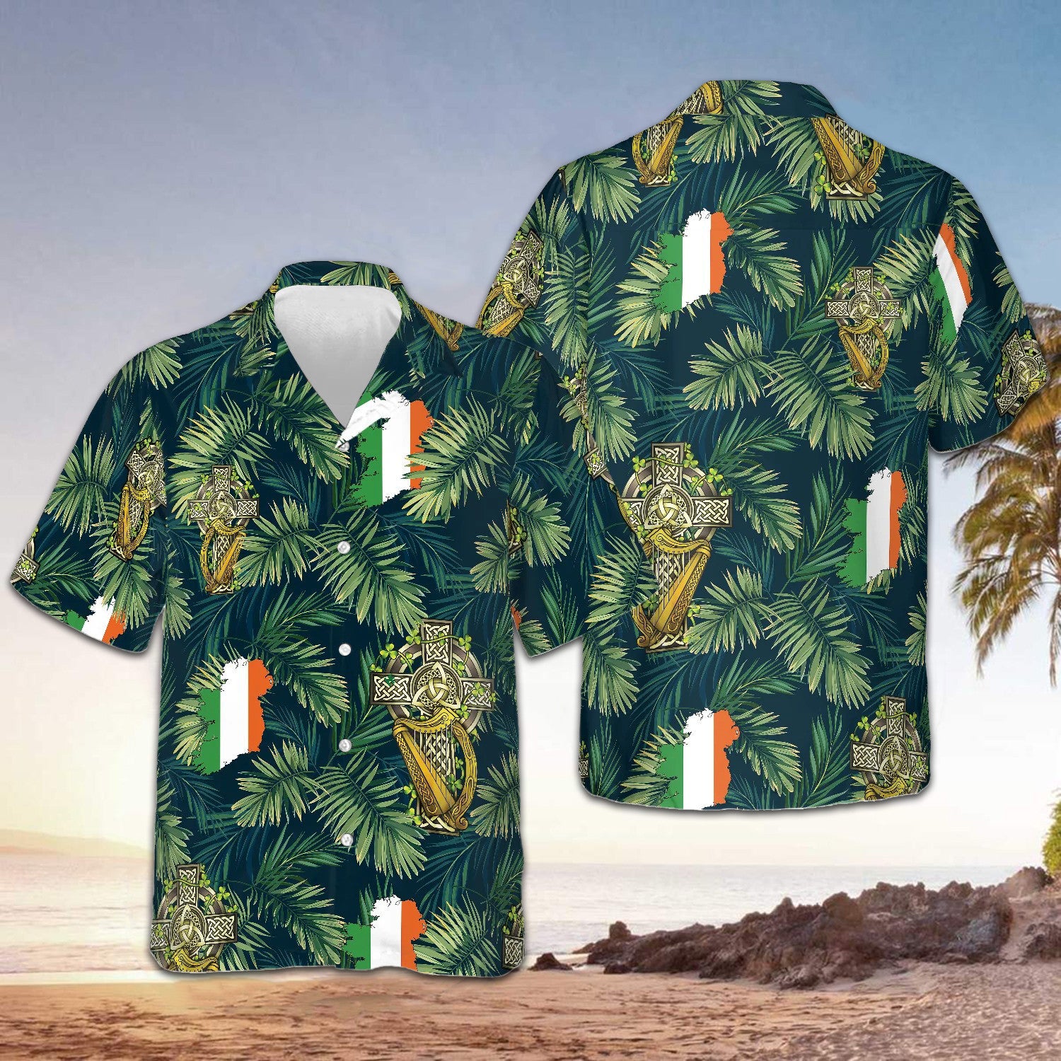 Ireland Flag Cross Celtic Harp Hawaiian Shirt Irish St Patrick's Day Tropical Print Aloha Shirt