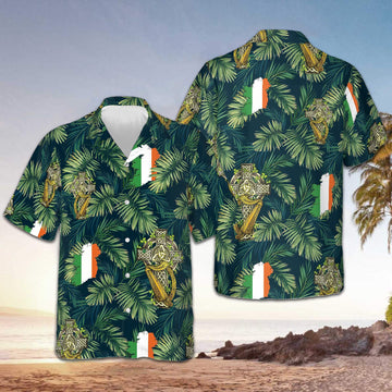 Ireland Flag Cross Celtic Harp Hawaiian Shirt Irish St Patrick's Day Tropical Print Aloha Shirt