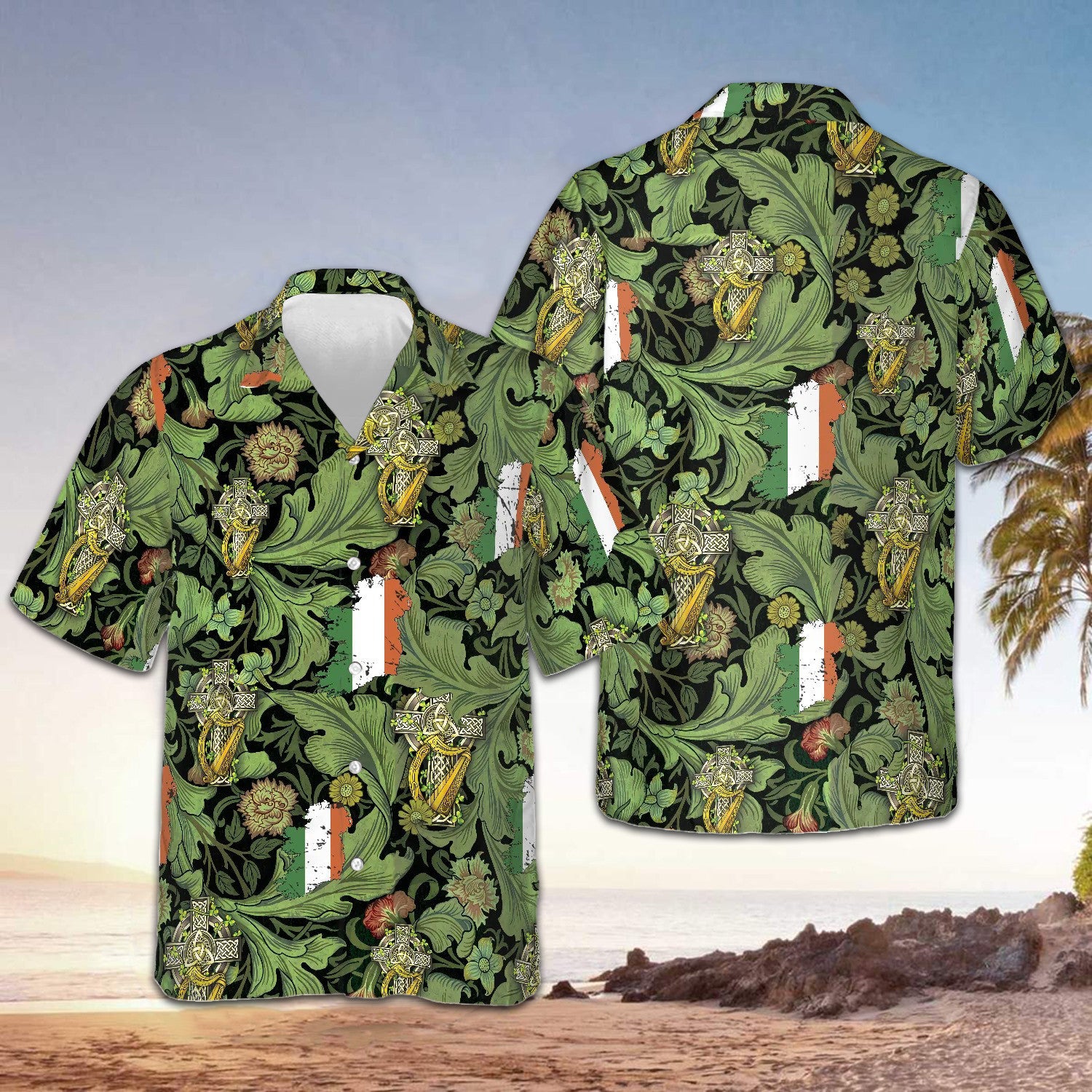 Ireland Flag Cross Celtic Harp Hawaiian Shirt Irish St Patrick's Day Aloha Shirt Gifts