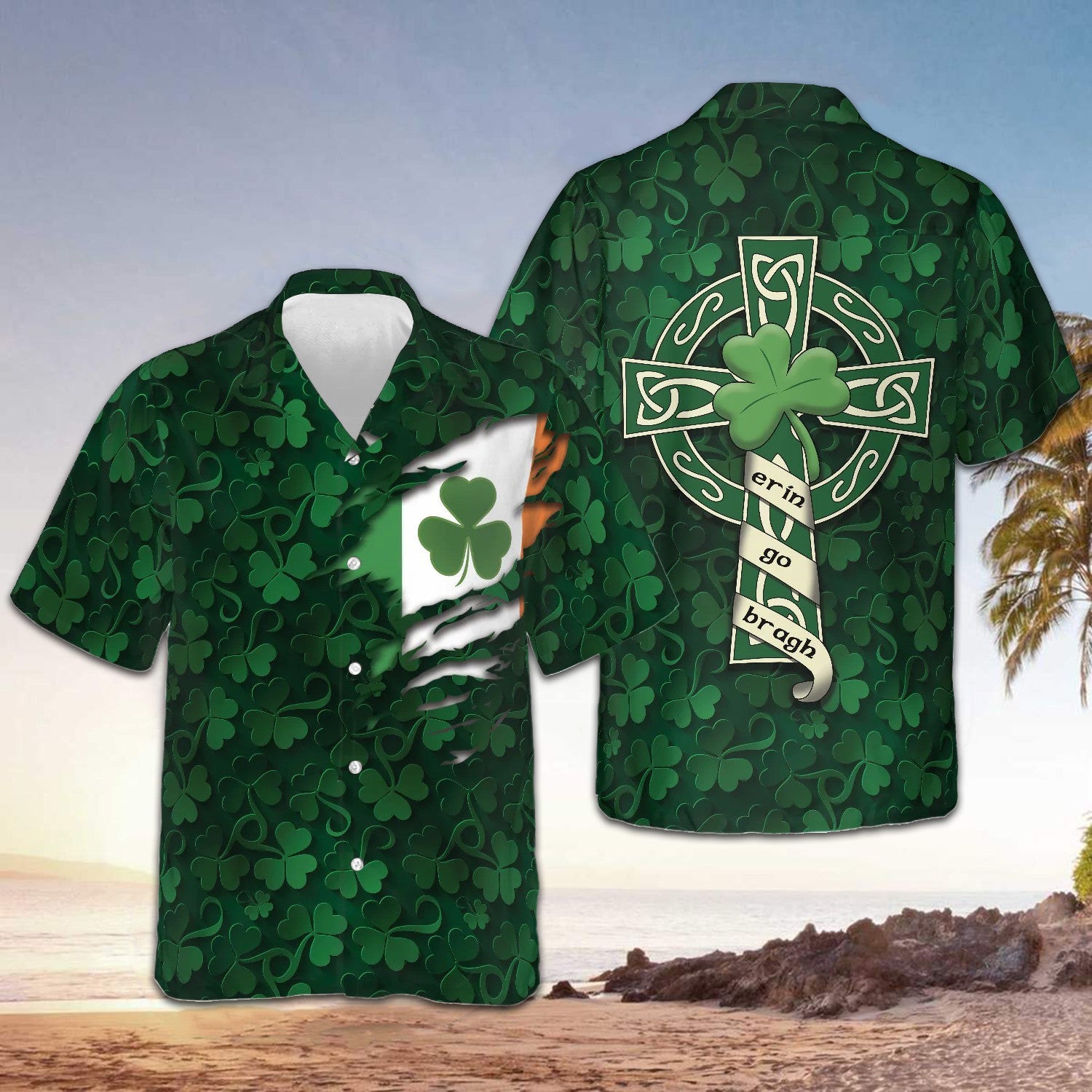 Shamrock St Patrick's Day Hawaiian Shirt Erin Go Bragh Celtic Cross Irish Mens Apparel