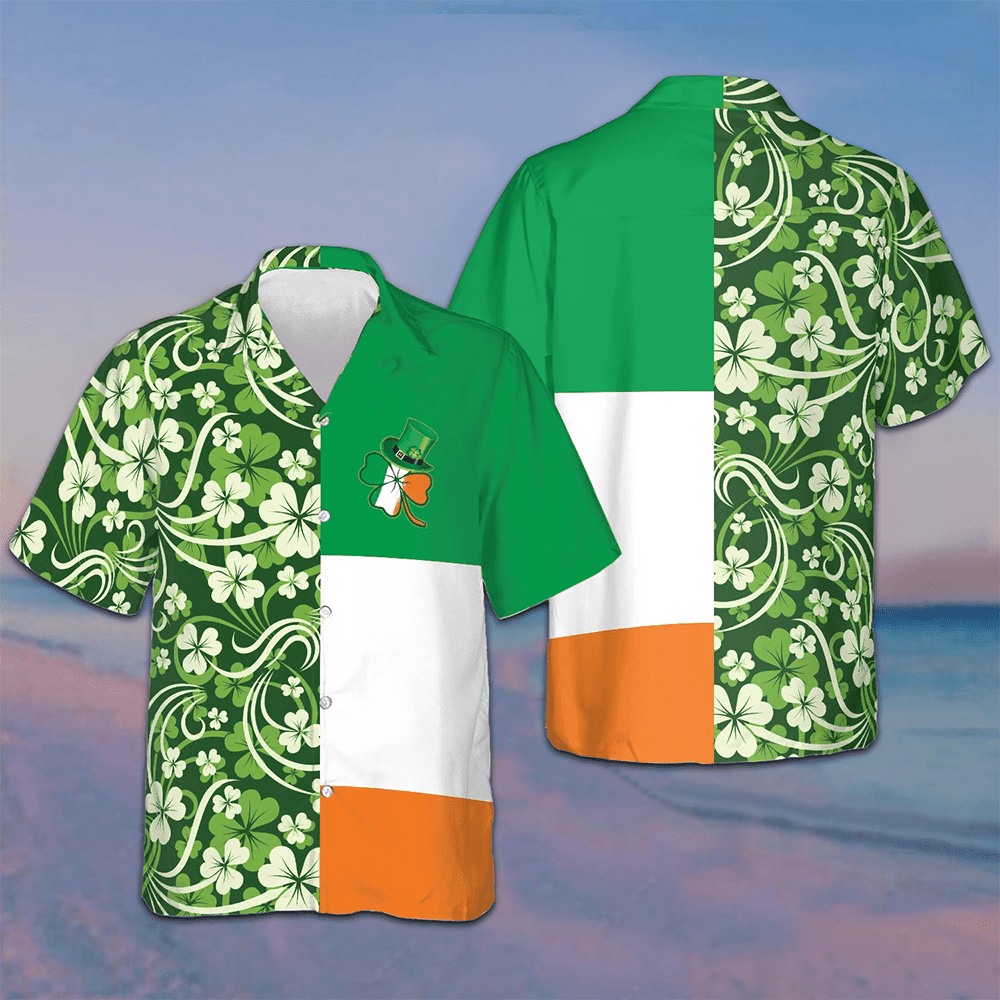 Shamrock With Ireland Flag Hawaiian Shirt Saint Patrick's Day Holiday Button Up Shirt For Irish