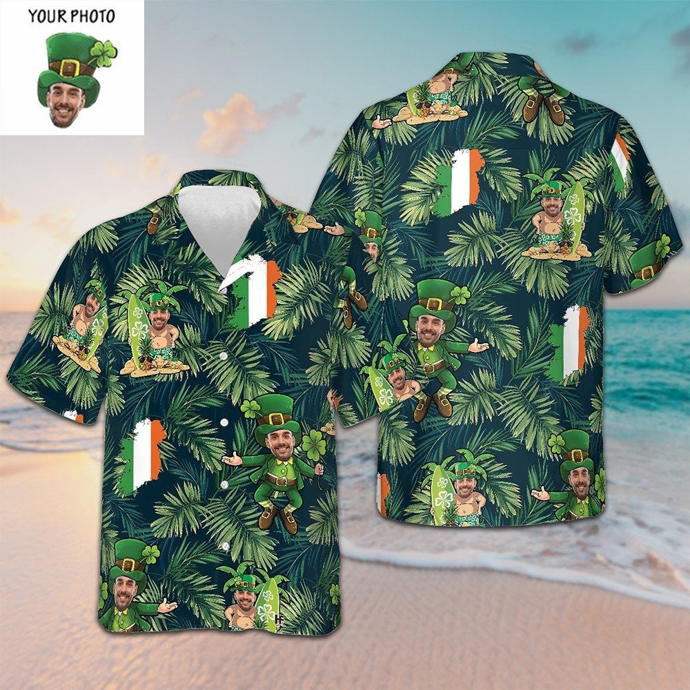Personalized Face Leprechaun Irish Proud Hawaiian Shirt St Patrick Day Button Up Shirt Men's