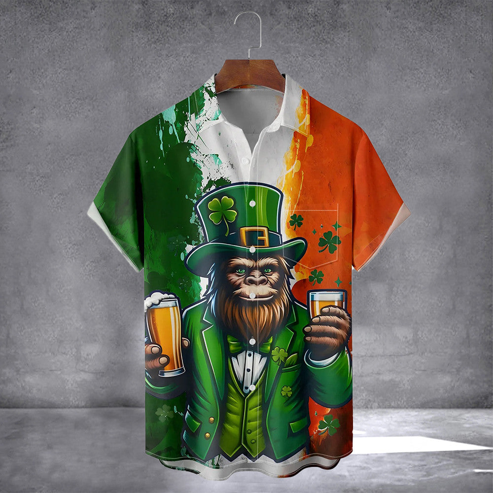 Bigfoot And Beer Irish Hawaiian Shirt With Pocket Funny St Patricks Day Shirts Gifts For Dad