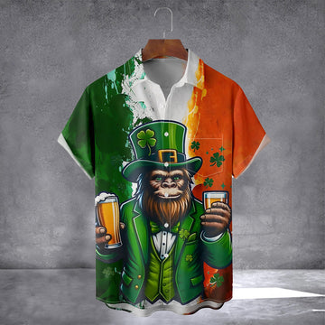 Bigfoot And Beer Irish Hawaiian Shirt With Pocket Funny St Patricks Day Shirts Gifts For Dad