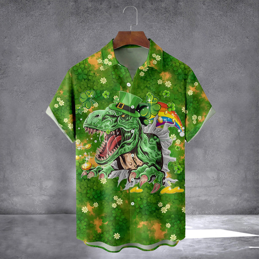 Funny Dinosaur Shamrock Hawaiian Shirt With Pocket St Patrick's Day Button Up Shirt Gift For Him