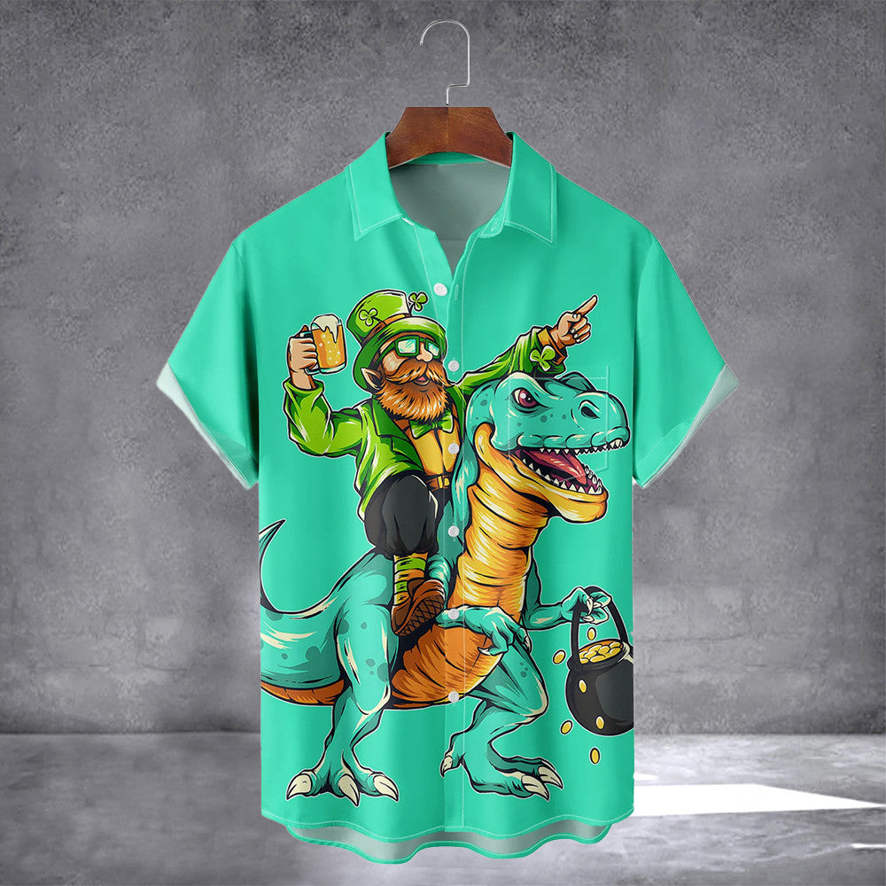 Dinosaur Happy St. Patrick's Day Hawaiian Shirt With Pocket Irish Holiday Shirt Gift For Son
