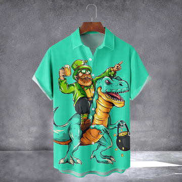 Dinosaur Happy St. Patrick's Day Hawaiian Shirt With Pocket Irish Holiday Shirt Gift For Son