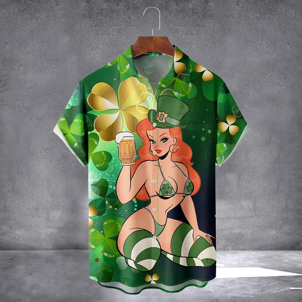 Girl And Beer Shamrock Hawaiian Shirt With Pocket Happy St Patrick's Day Shirt Holiday Gifts