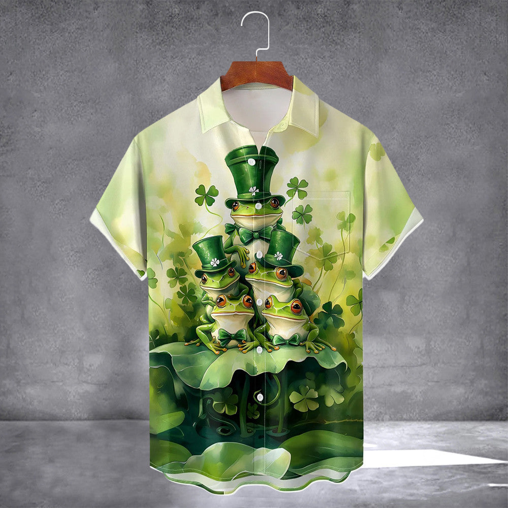 Frog Family Four-Leaf Clover Green Hawaiian Shirt With Pocket Mens St Patricks Shirt Gift For Son