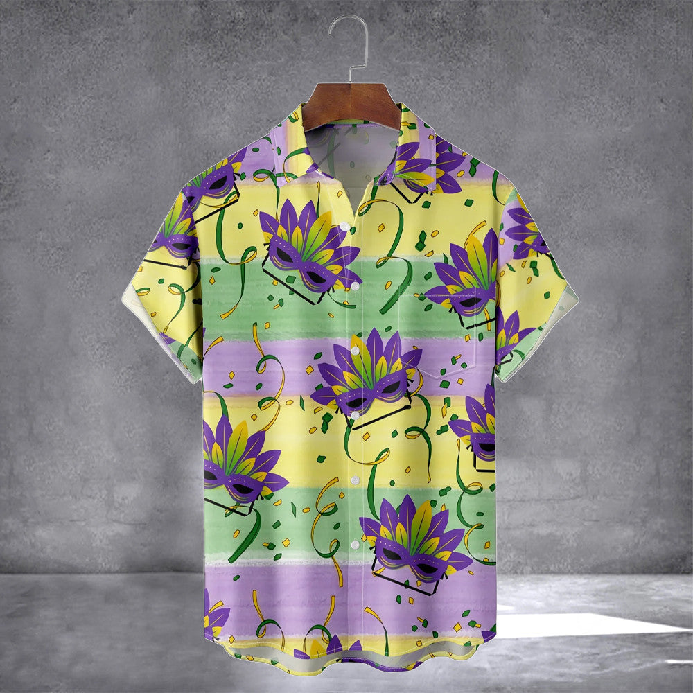 Mens Mardi Gras Masks Short Sleeve Hawaiian Shirt Happy Saint Patrick' S Day Shirt Him Gifts