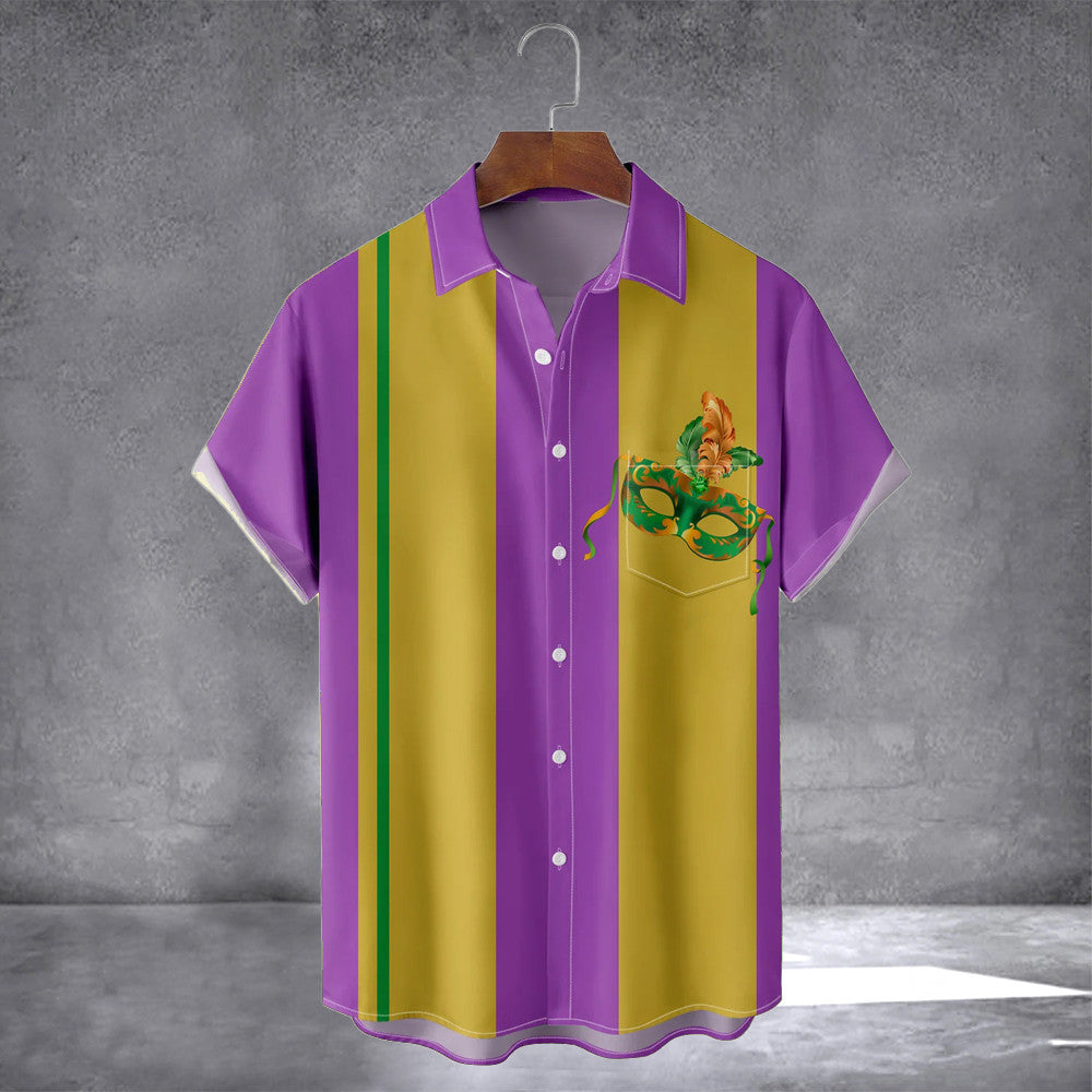 Mardi Gras Mask Chest Hawaiian Shirt Pocket Short Sleeve Bowling Shirt Patrick Day Gifts