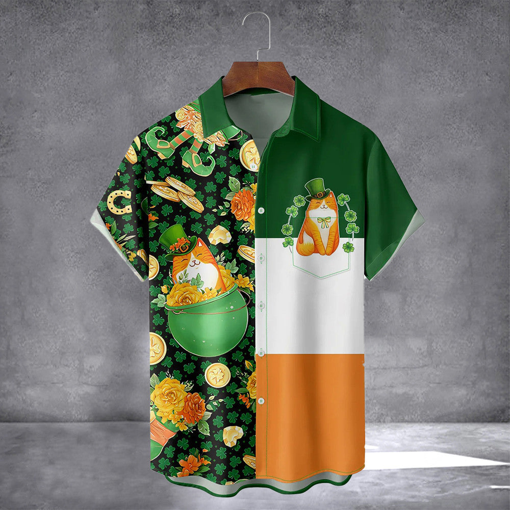 St. Patrick's Day Shamrock Cat Hawaiian Shirt With Pocket Cute Cat Irish Shirt Gift For Holiday