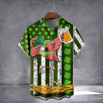 Lucky Clover Gold Coins Flamingo And Beer Hawaiian Shirt With Pocket St Patricks Day Shirts