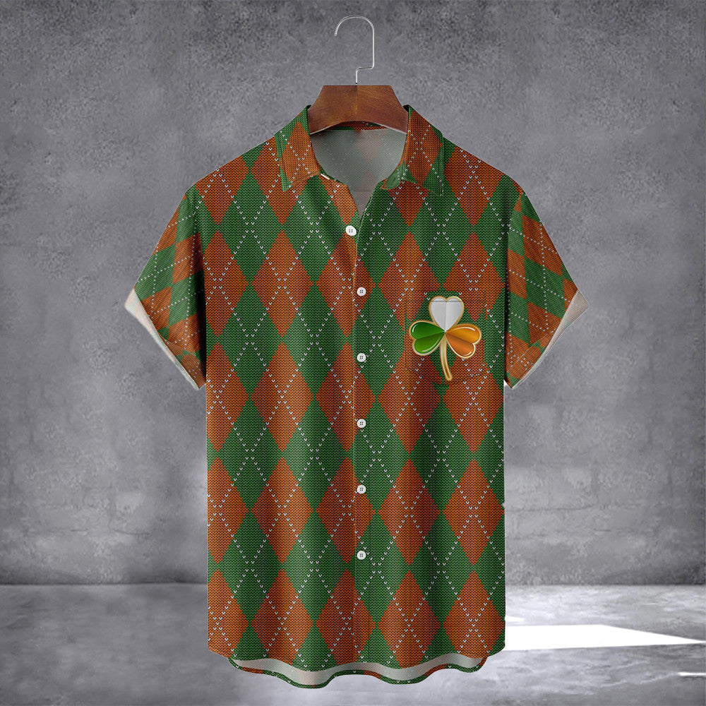 Shamrock Irish Themed Argyle Pattern Hawaiian Shirt With Pocket St Patrick's Day Shirt
