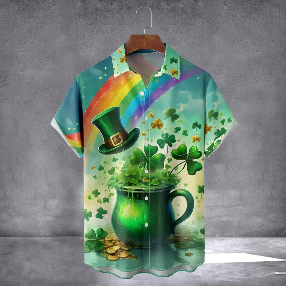 St. Patrick's Day Shamrock Rainbow Hawaiian Shirt With Pocket Irish Holiday Shirt Gift For Men
