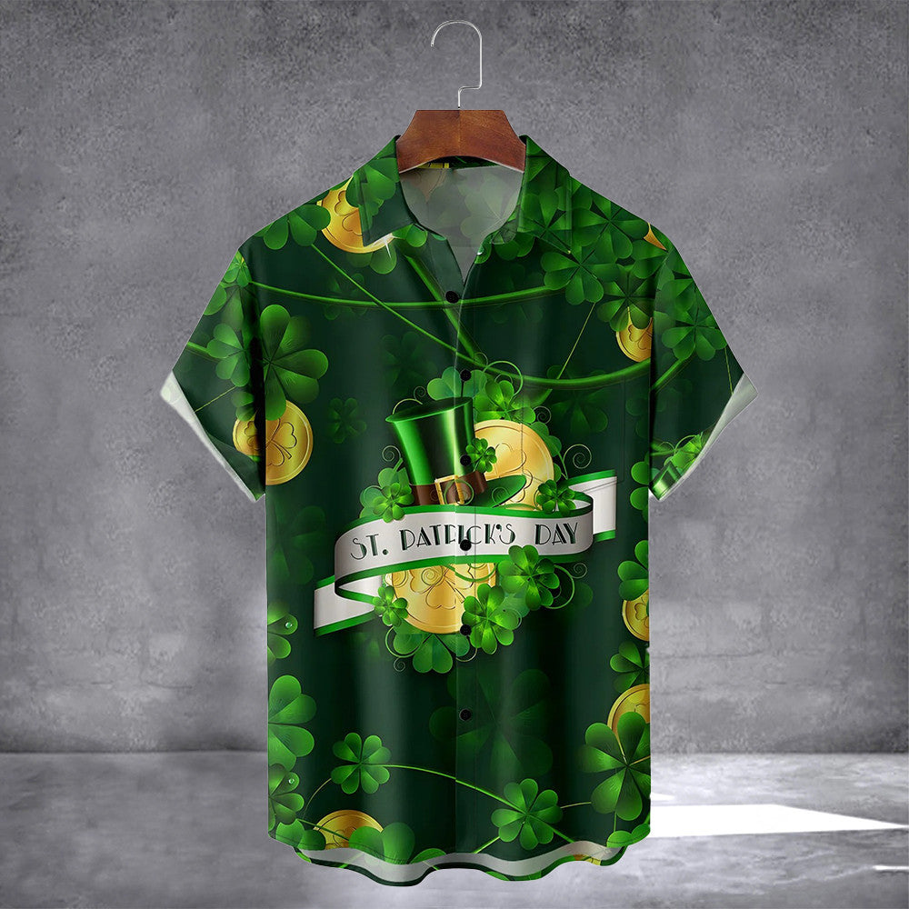 St Patrick's Day Lucky Clover Gold Coins Hawaiian Shirt With Pocket Gifts For Irish