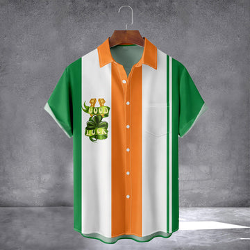 St Patrick's Day Irish Flag Hawaiian Shirt With Pocket Good Luck Holiday Short Sleeve Shirt