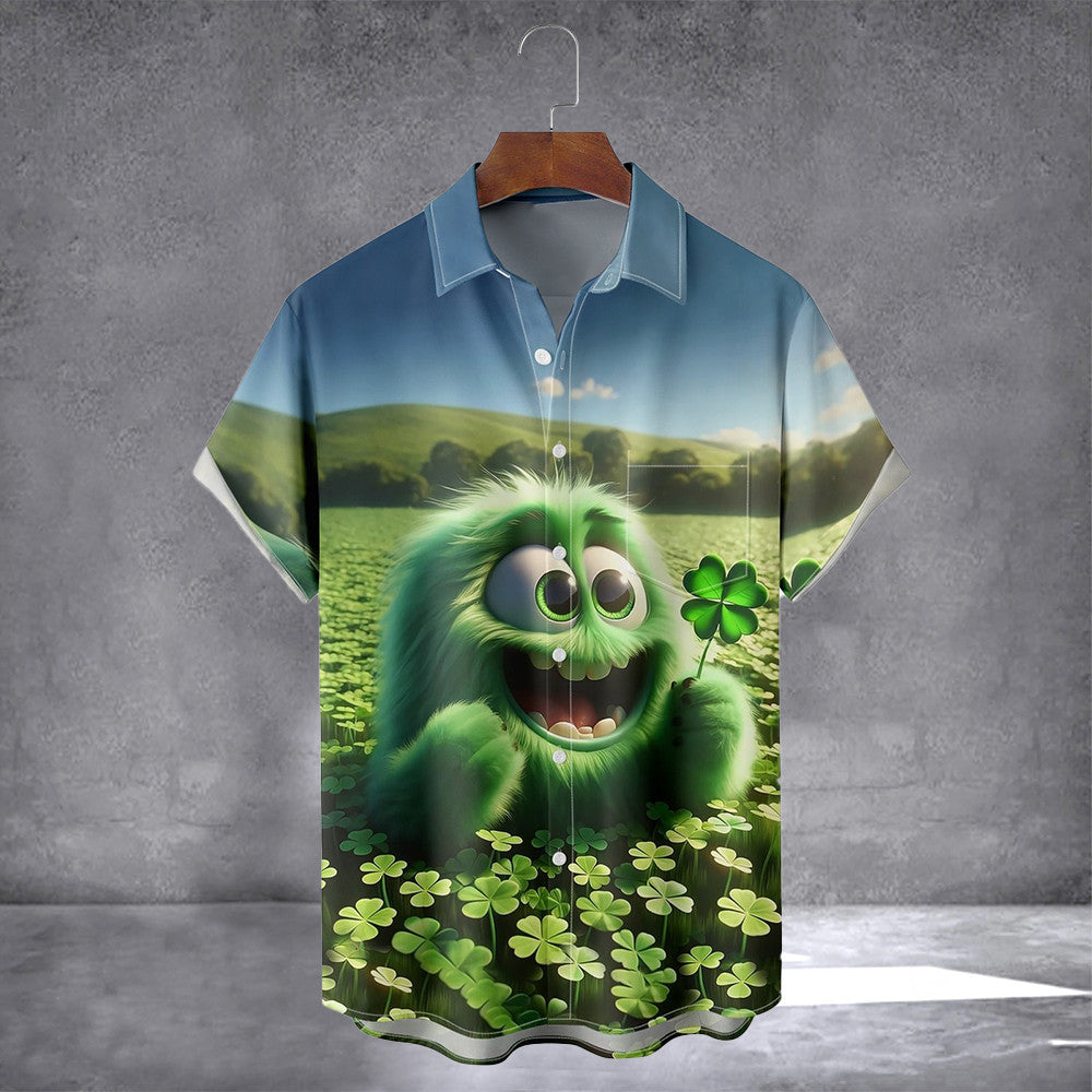 St. Patrick's Day Monster Lucky Clover Hawaiian Shirt With Pocket March 17 Irish Shirt For Men