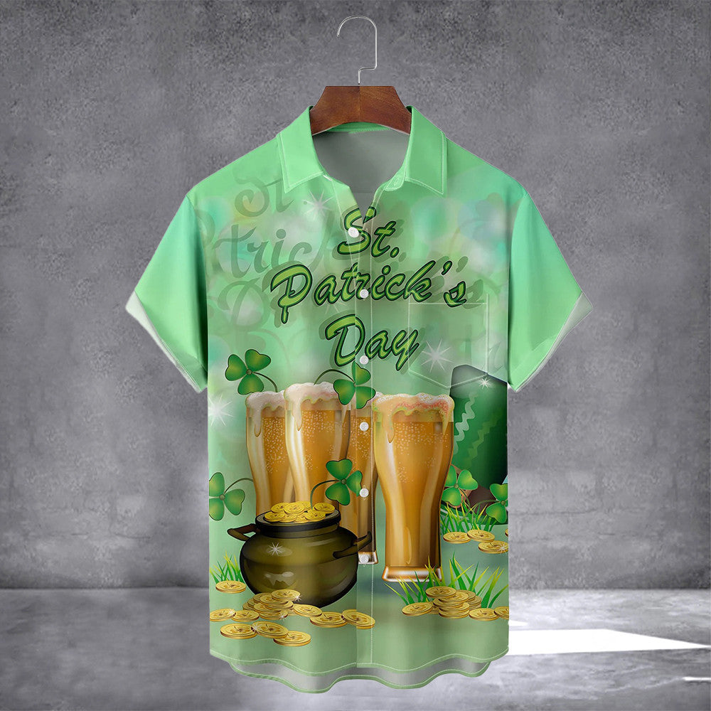 Happy St Patrick's Day Beer Shamrock And Gold Coin Hawaiian Shirt With Pocket Irish Shirt