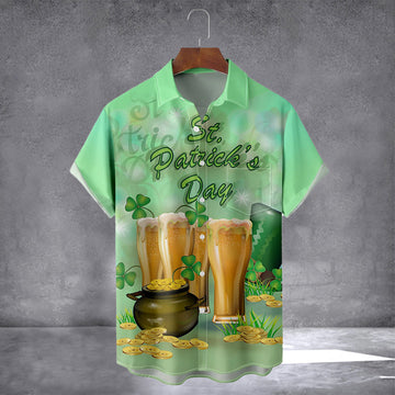 Happy St Patrick's Day Beer Shamrock And Gold Coin Hawaiian Shirt With Pocket Irish Shirt