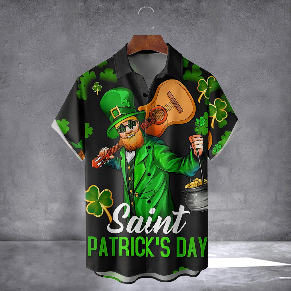 Saint Patrick's Day Lucky Clover Gold Coins Music Guitar Hawaiian Shirt With Pocket For Irish
