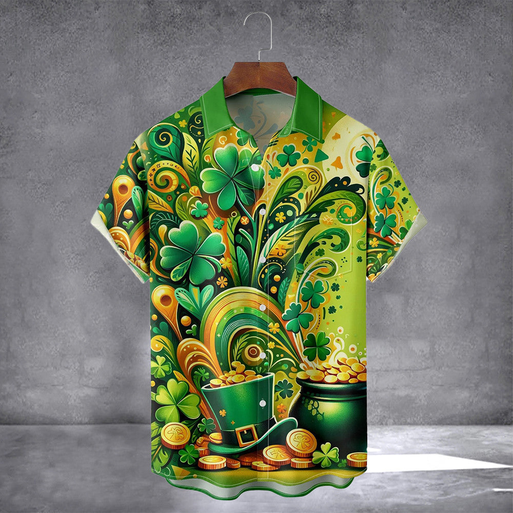 Gold Coin And Four Leaf Clover Hawaiian Shirt With Pocket St. Patrick's Day Irish Shirt Gift