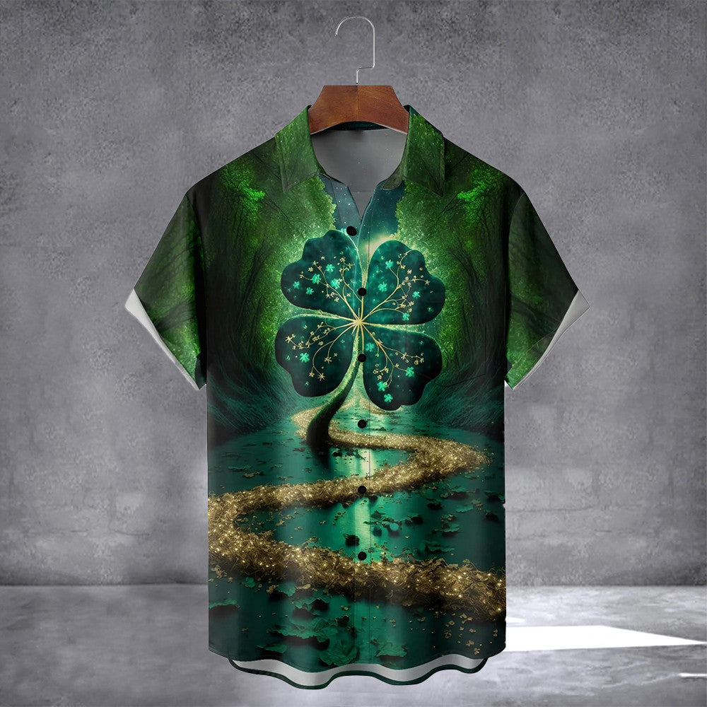 St. Patrick's Day Four Leaf Clover Hawaiian Shirt With Pocket Vintage Button Up Shirt Irish Gift