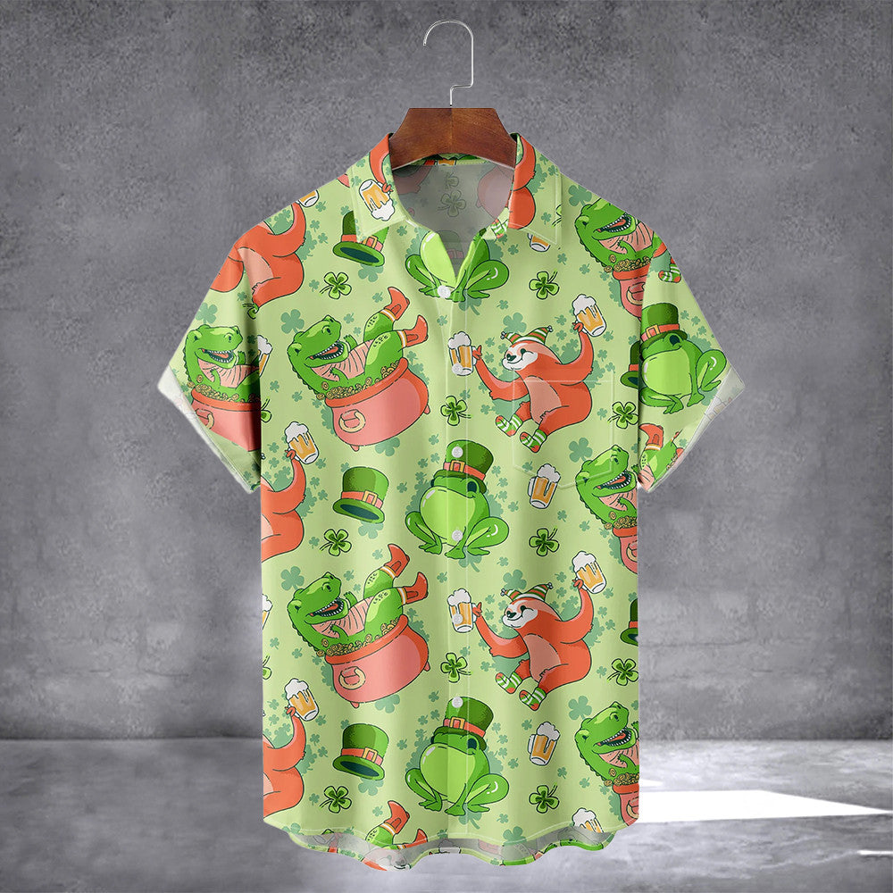 Happy St Patrick's Day Cartoon Animal Hawaiian Shirt With Pocket Irish Holiday Cute Shirt