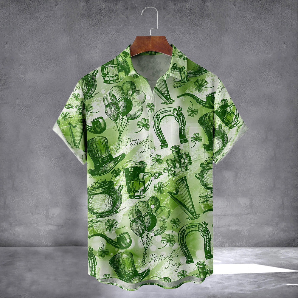 Lucky Clover Gold Coins And Beer Pattern Hawaiian Shirt With Pocket Patrick's Day Shirt For Men
