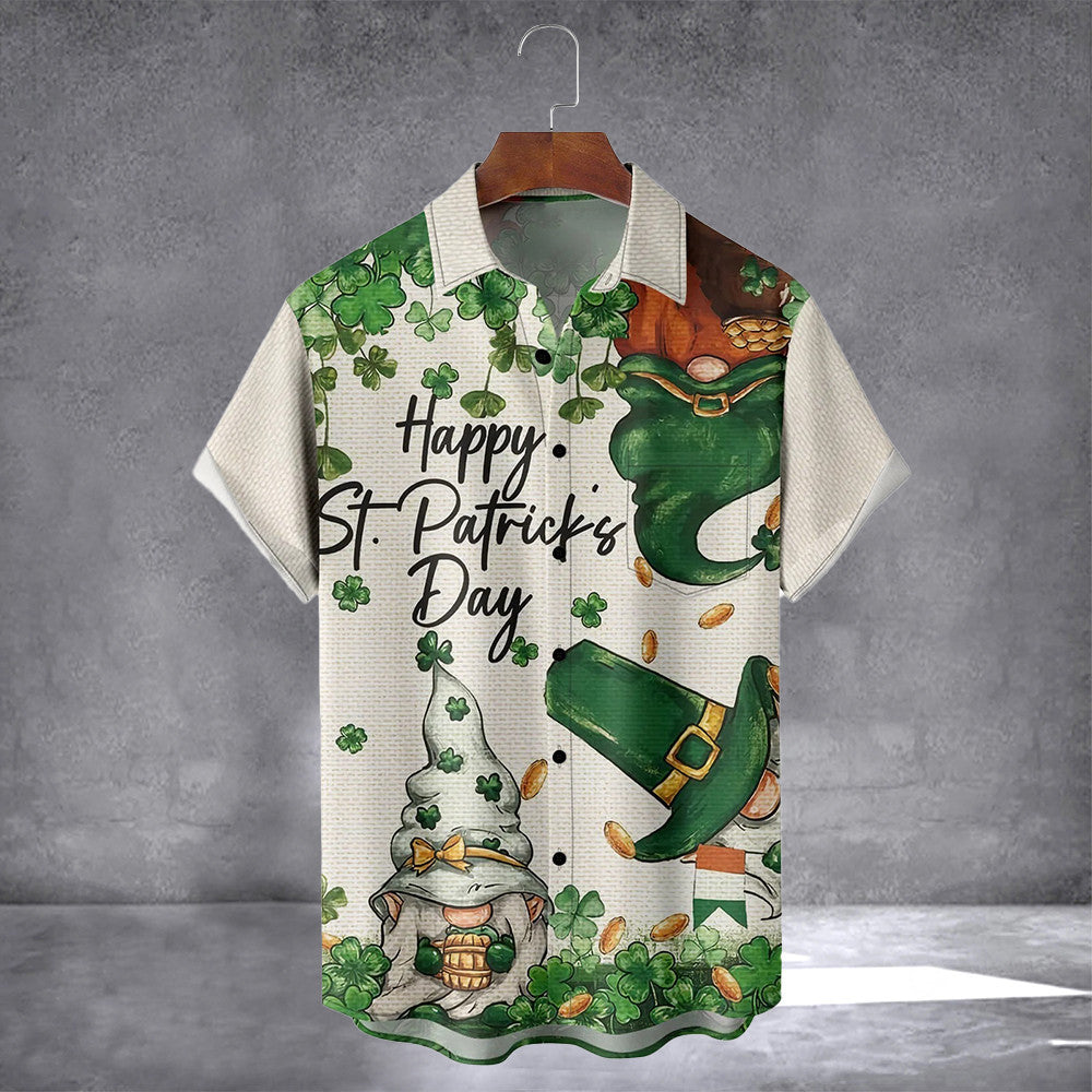 St Patrick's Day Gnome And Shamrock Hawaiian Shirt With Pocket Men's Button Up Shirt Irish Gift