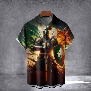 Saint Patrick's Day Irish Flag Shamrock Knight Hawaiian Shirt With Pocket March 17 Holiday Shirt