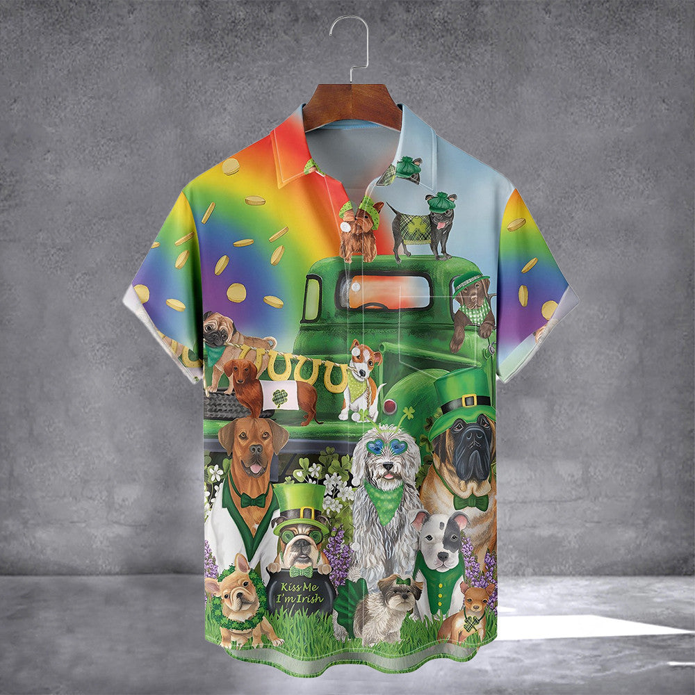 Irish Lucky Dog Hawaiian Shirt With Pocket Men's St Patricks Day Shirt Dog Lovers Gifts