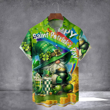 Saint Patrick's Day Gold Coins Gnome Hawaiian Shirt With Pocket March 17 Holiday Button Up Shirt